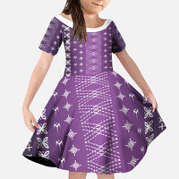 Purple Samoa Malu Tattoo Inspired Family Matching Off Shoulder Short Dress and Hawaiian Shirt LT05 Daughter's Dress Purple - Polynesian Pride