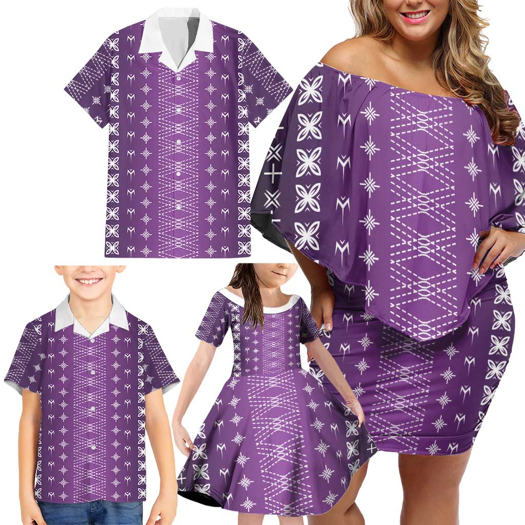 Purple Samoa Malu Tattoo Inspired Family Matching Off Shoulder Short Dress and Hawaiian Shirt LT05 - Polynesian Pride