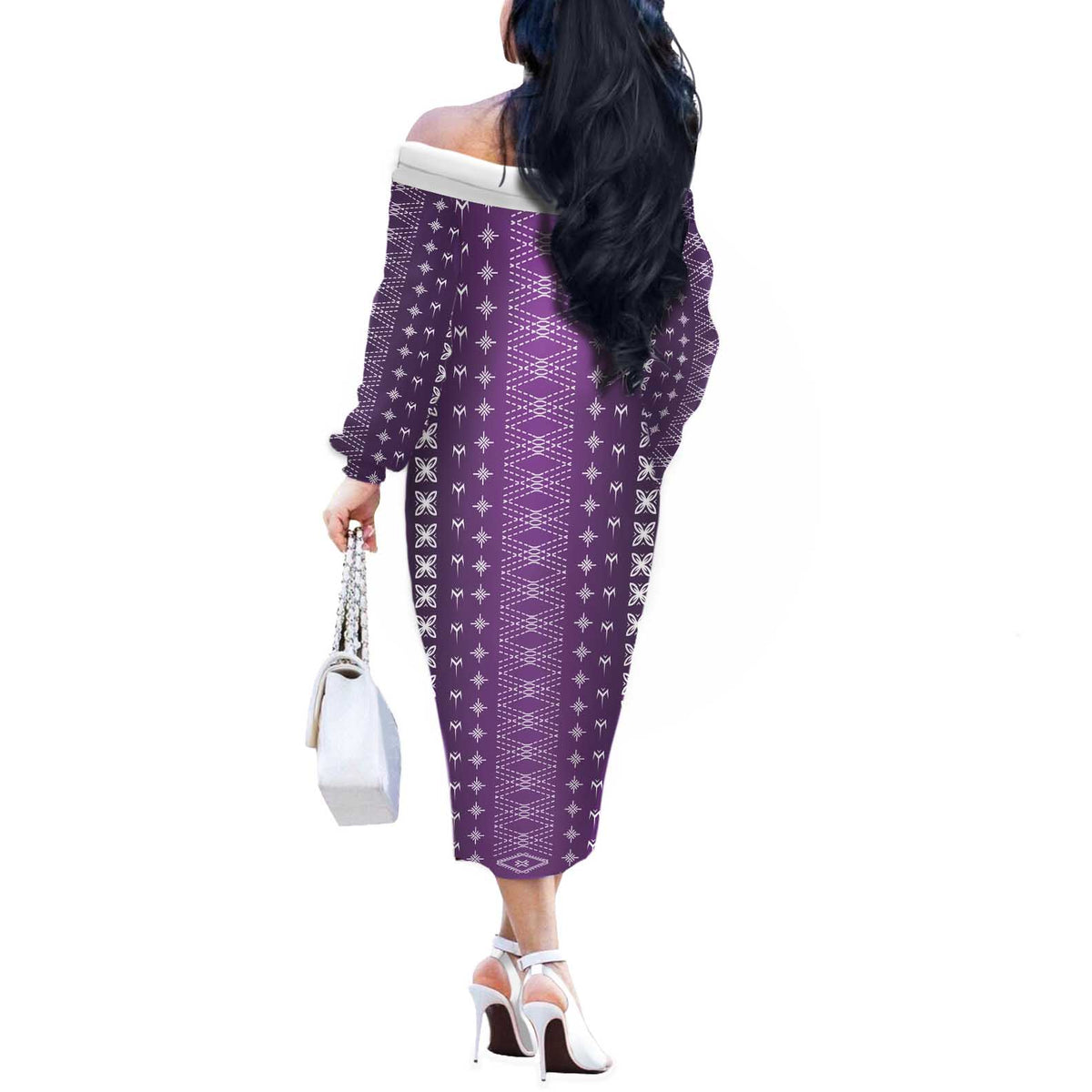 Purple Samoa Malu Tattoo Inspired Off The Shoulder Long Sleeve Dress - Polynesian Pride