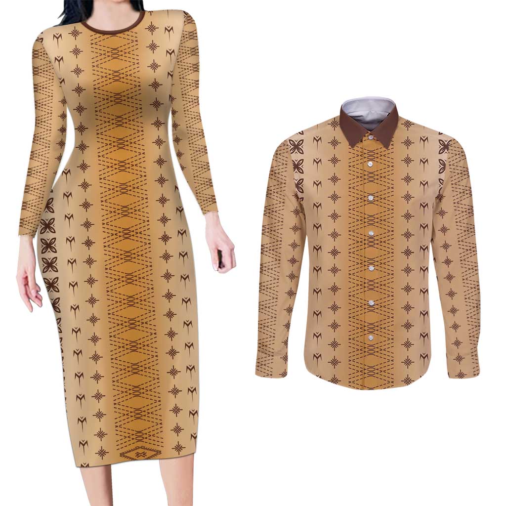 Beige Samoa Malu Tattoo Inspired Couples Matching Long Sleeve Bodycon Dress and Long Sleeve Button Shirt - Polynesian Pride