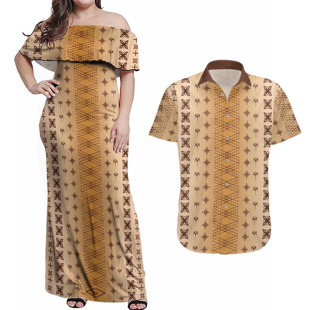 Beige Samoa Malu Tattoo Inspired Couples Matching Off Shoulder Maxi Dress and Hawaiian Shirt - Polynesian Pride