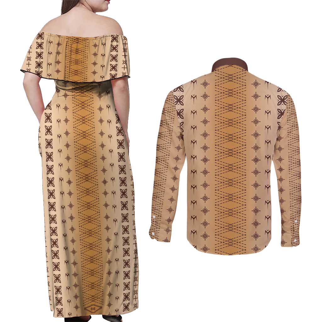 Beige Samoa Malu Tattoo Inspired Couples Matching Off Shoulder Maxi Dress and Long Sleeve Button Shirt LT05 - Polynesian Pride