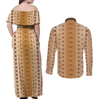 Beige Samoa Malu Tattoo Inspired Couples Matching Off Shoulder Maxi Dress and Long Sleeve Button Shirt LT05 - Polynesian Pride