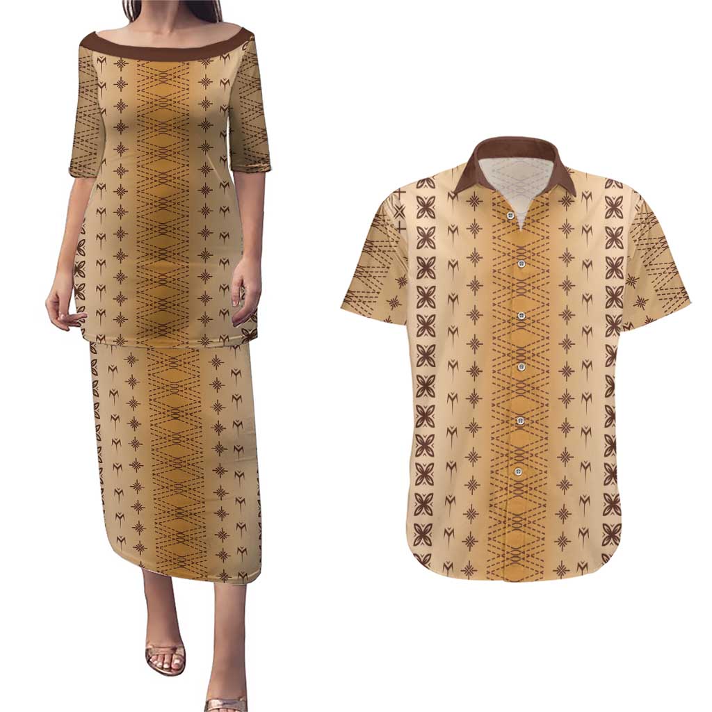 Beige Samoa Malu Tattoo Inspired Couples Matching Puletasi and Hawaiian Shirt - Polynesian Pride