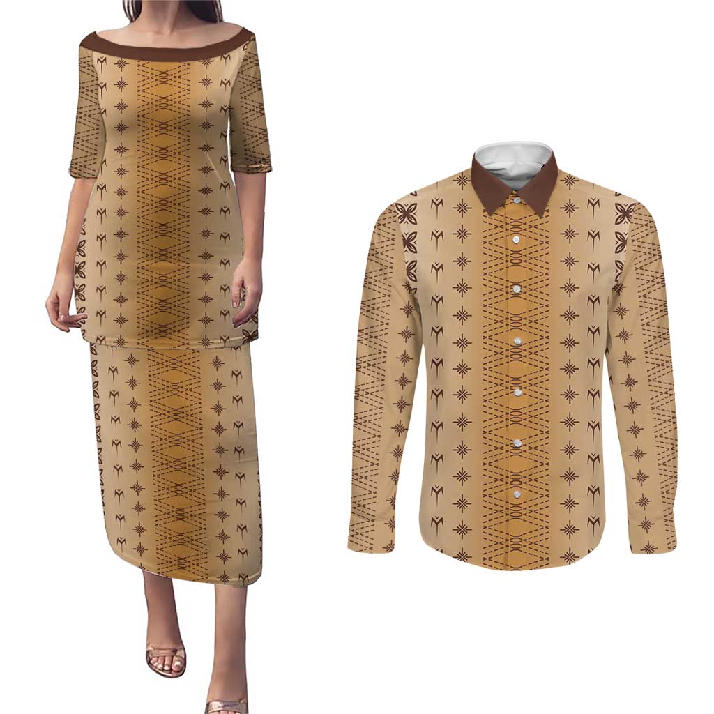 Beige Samoa Malu Tattoo Inspired Couples Matching Puletasi and Long Sleeve Button Shirt - Polynesian Pride