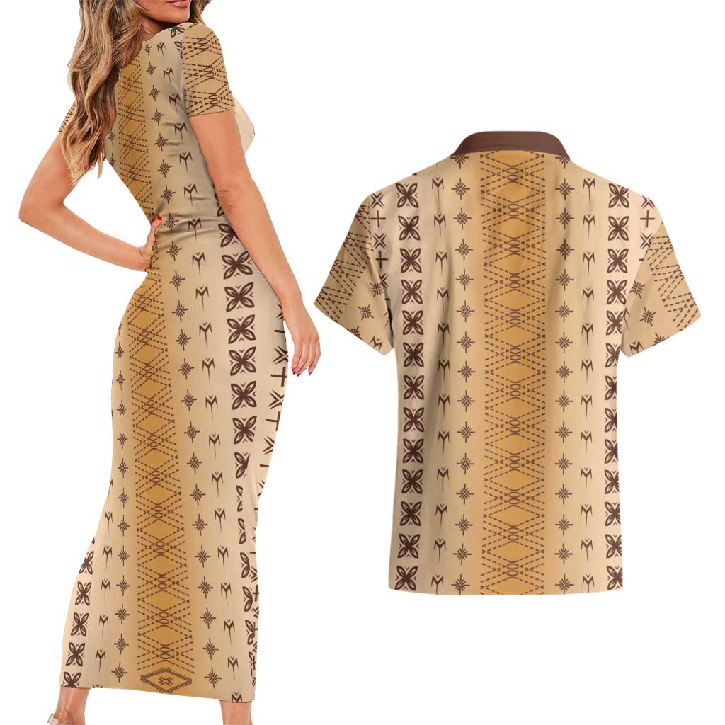 Beige Samoa Malu Tattoo Inspired Couples Matching Short Sleeve Bodycon Dress and Hawaiian Shirt LT05 - Polynesian Pride