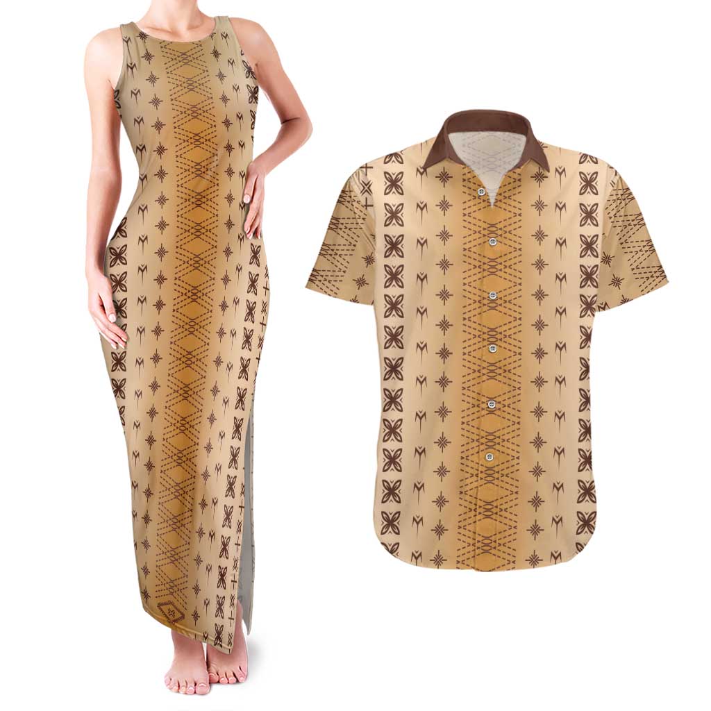 Beige Samoa Malu Tattoo Inspired Couples Matching Tank Maxi Dress and Hawaiian Shirt - Polynesian Pride