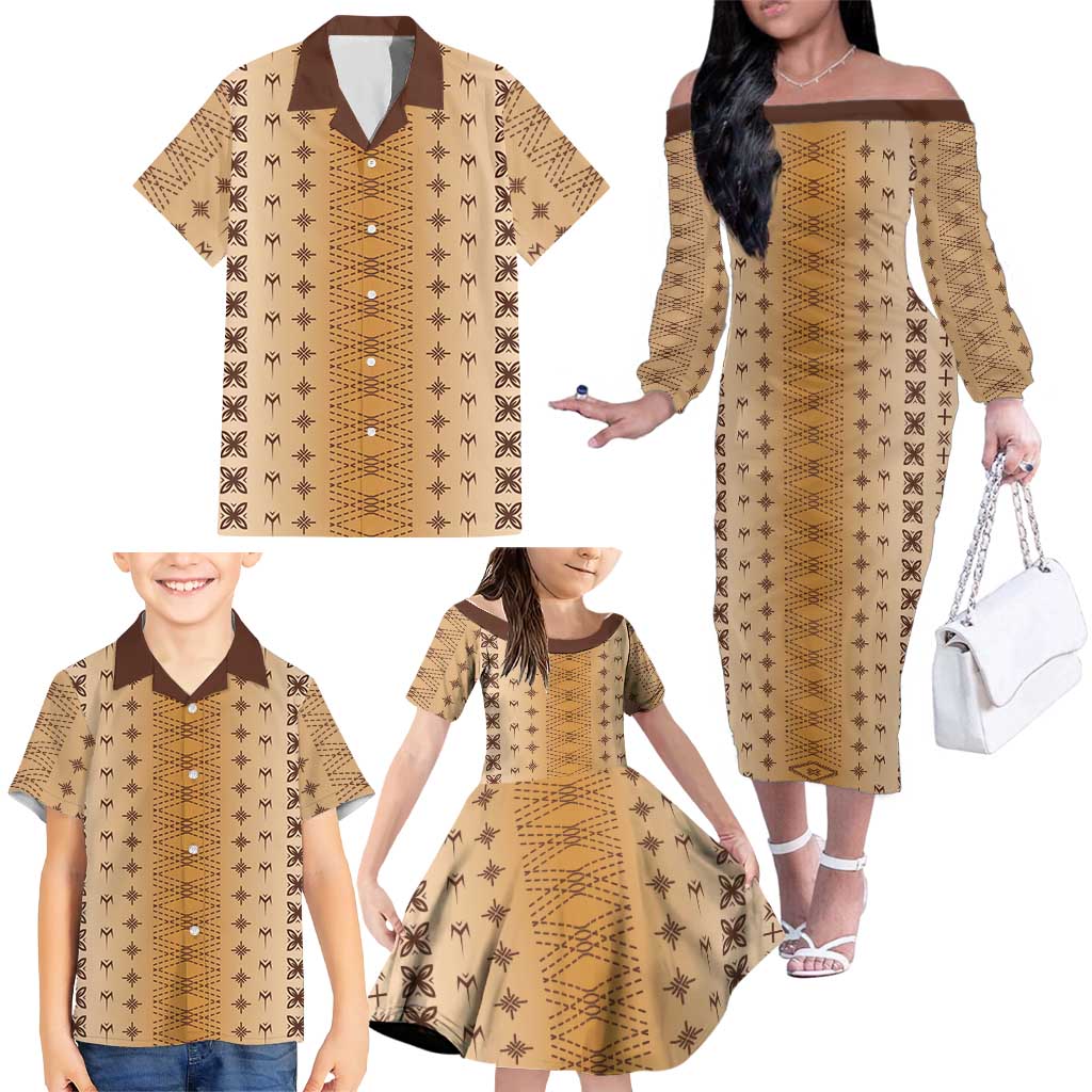 Beige Samoa Malu Tattoo Inspired Family Matching Off The Shoulder Long Sleeve Dress and Hawaiian Shirt - Polynesian Pride