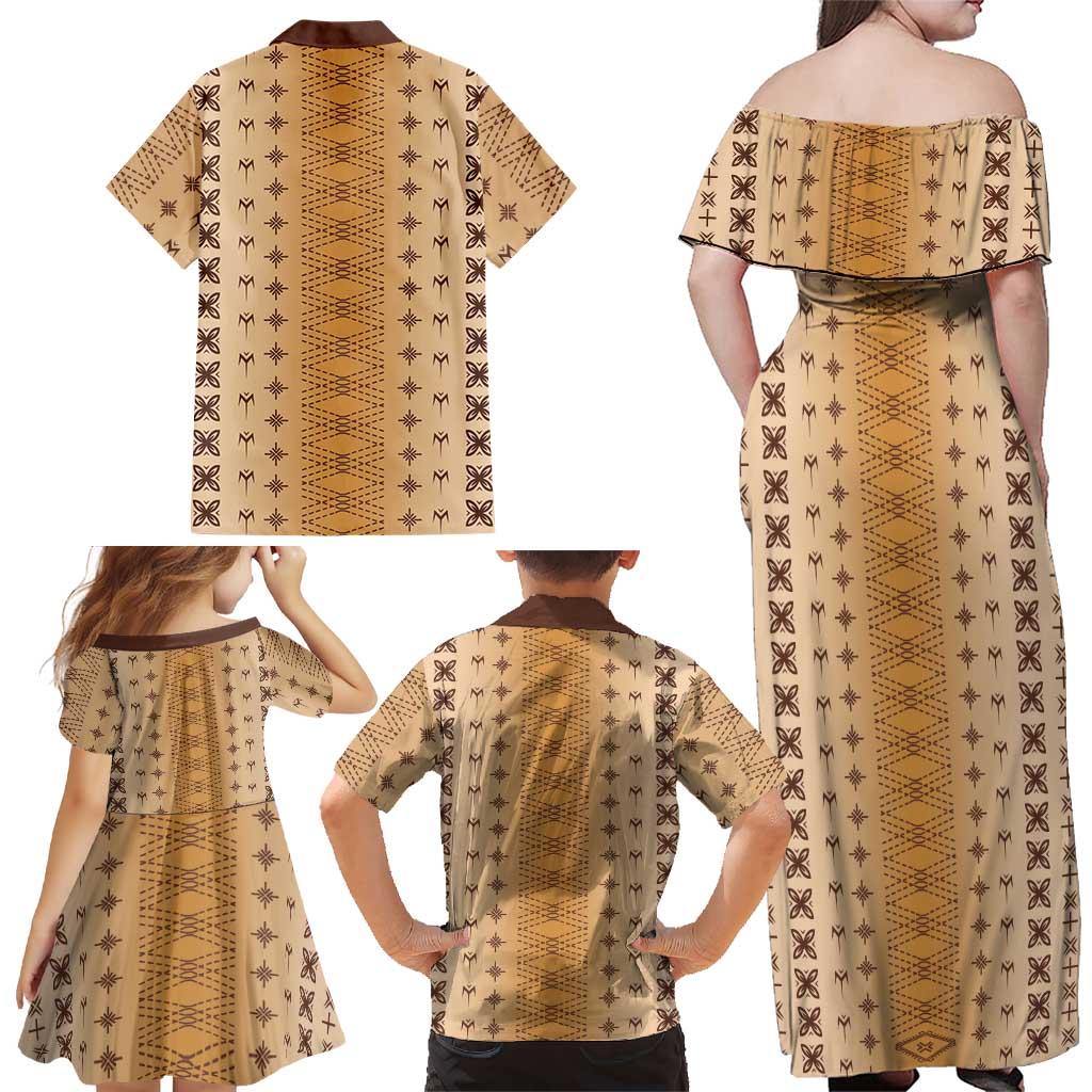 Beige Samoa Malu Tattoo Inspired Family Matching Off Shoulder Maxi Dress and Hawaiian Shirt - Polynesian Pride