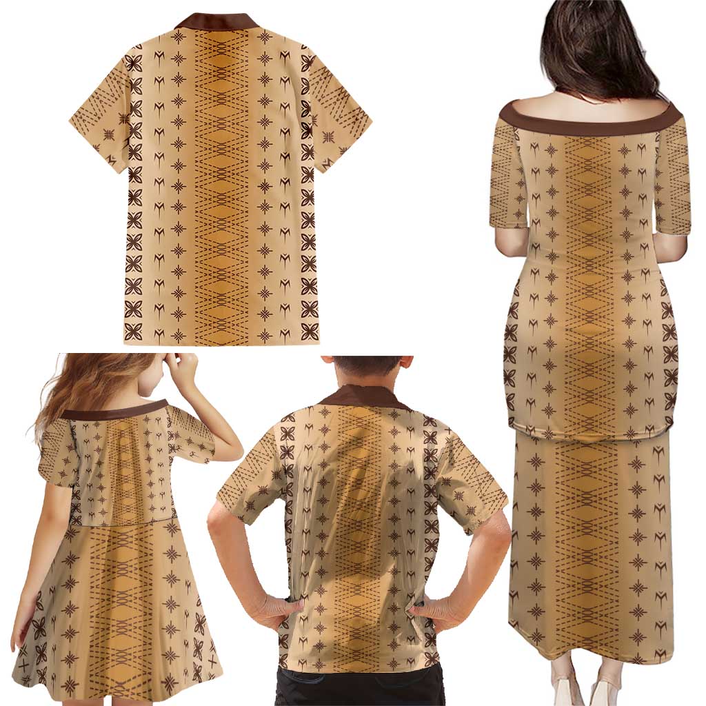 Beige Samoa Malu Tattoo Inspired Family Matching Puletasi and Hawaiian Shirt LT05 - Polynesian Pride