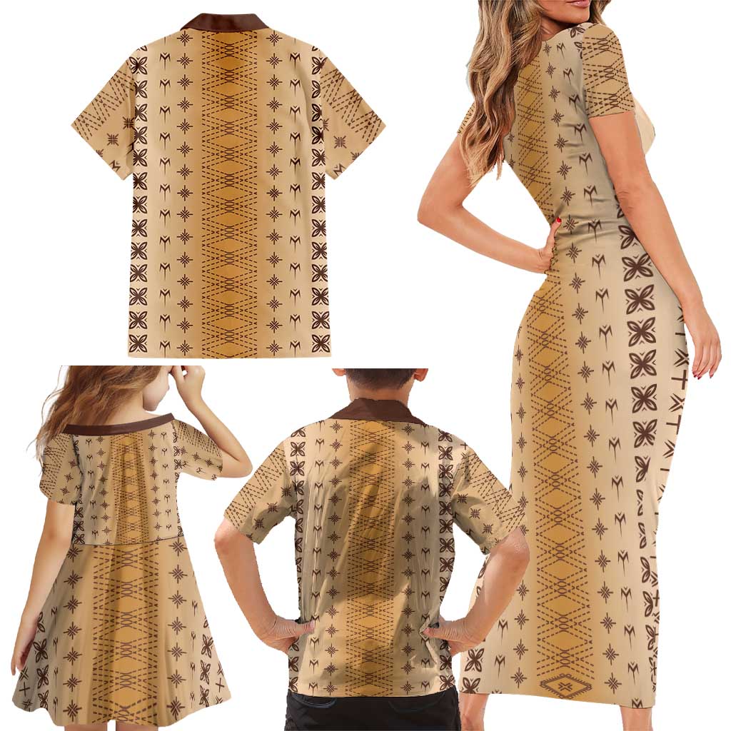Beige Samoa Malu Tattoo Inspired Family Matching Short Sleeve Bodycon Dress and Hawaiian Shirt - Polynesian Pride