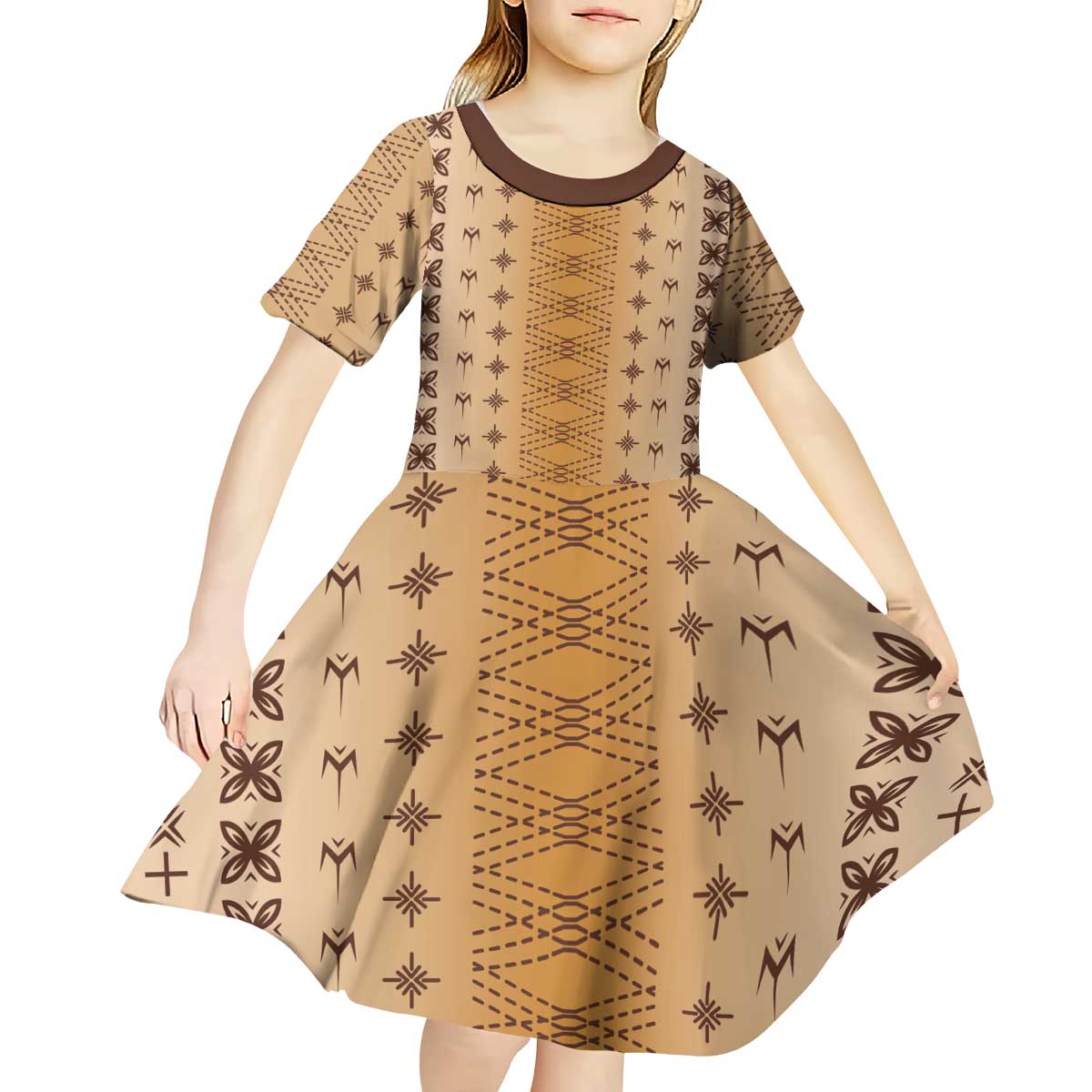 Beige Samoa Malu Tattoo Inspired Kid Short Sleeve Dress LT05 - Polynesian Pride