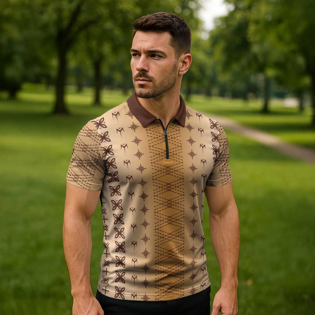 Beige Samoa Malu Tattoo Inspired Zipper Polo Shirt LT05 - Polynesian Pride