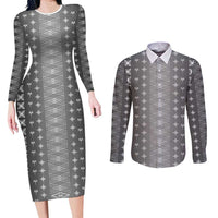 Black Samoa Malu Tattoo Inspired Couples Matching Long Sleeve Bodycon Dress and Long Sleeve Button Shirt - Polynesian Pride