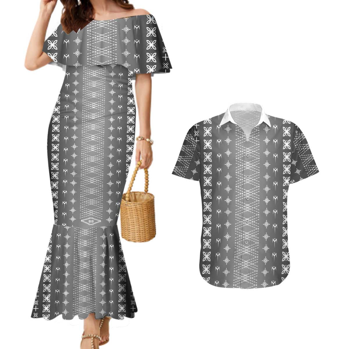 Black Samoa Malu Tattoo Inspired Couples Matching Mermaid Dress and Hawaiian Shirt - Polynesian Pride