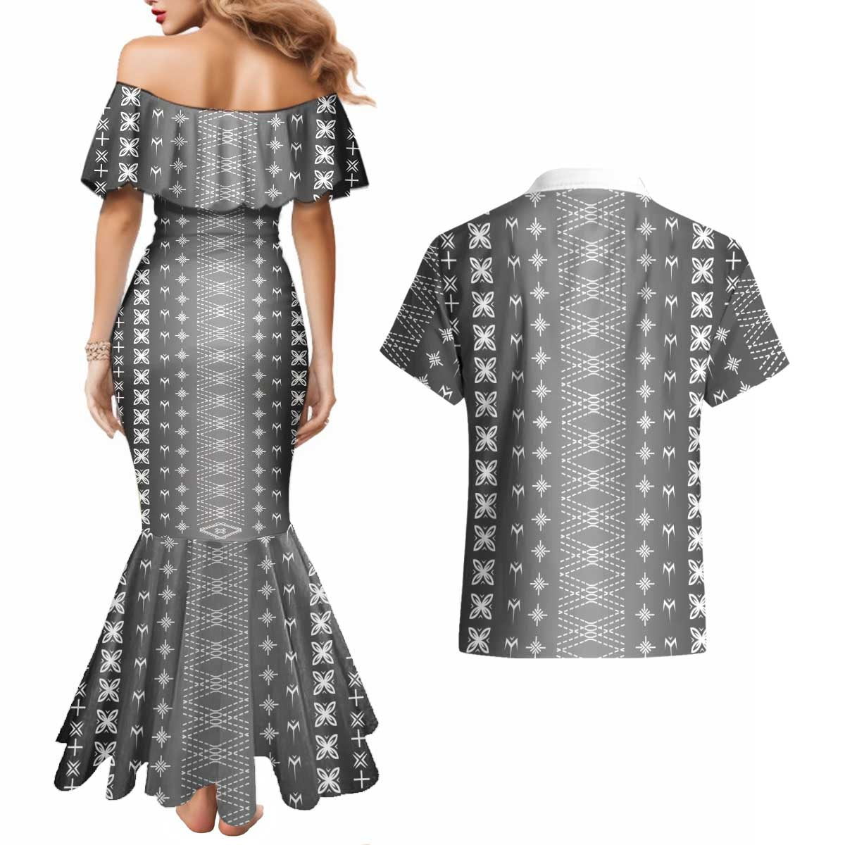 Black Samoa Malu Tattoo Inspired Couples Matching Mermaid Dress and Hawaiian Shirt - Polynesian Pride