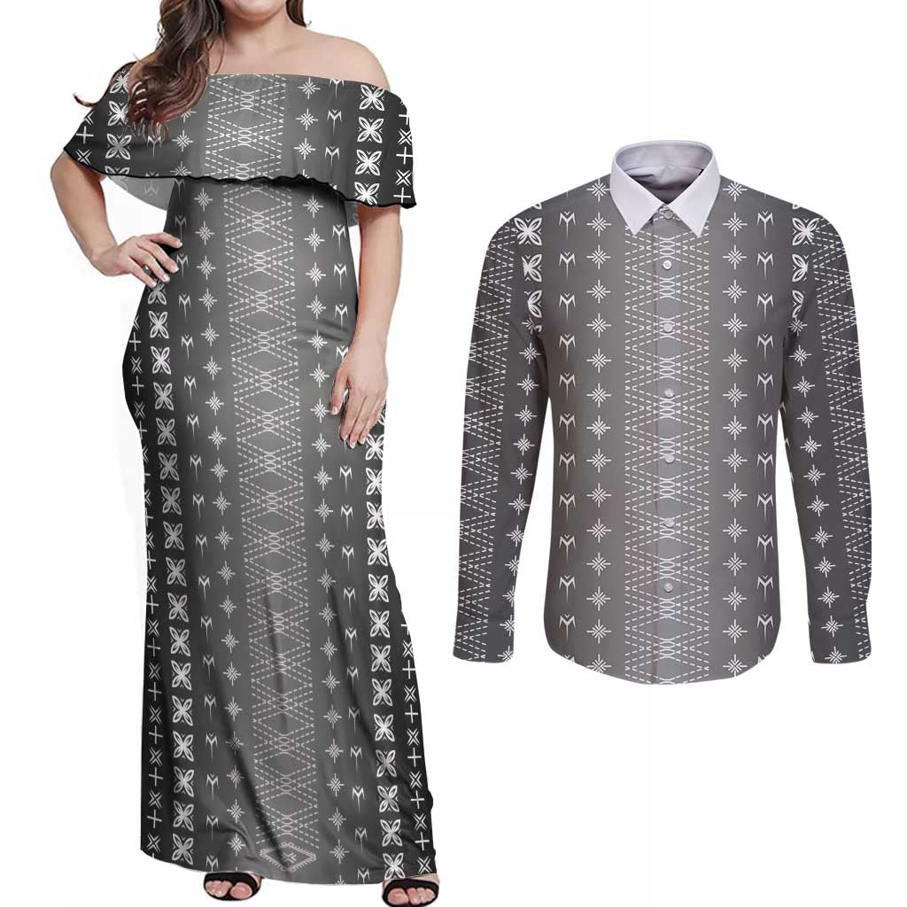 Black Samoa Malu Tattoo Inspired Couples Matching Off Shoulder Maxi Dress and Long Sleeve Button Shirt - Polynesian Pride