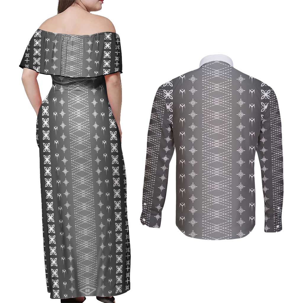 Black Samoa Malu Tattoo Inspired Couples Matching Off Shoulder Maxi Dress and Long Sleeve Button Shirt LT05 - Polynesian Pride