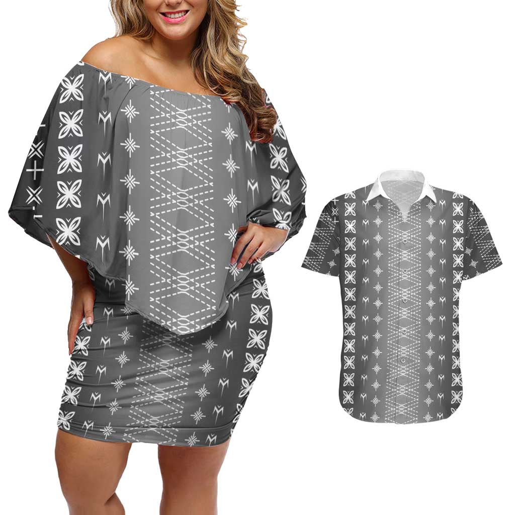 Black Samoa Malu Tattoo Inspired Couples Matching Off Shoulder Short Dress and Hawaiian Shirt LT05 Black - Polynesian Pride