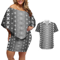 Black Samoa Malu Tattoo Inspired Couples Matching Off Shoulder Short Dress and Hawaiian Shirt LT05 Black - Polynesian Pride