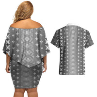 Black Samoa Malu Tattoo Inspired Couples Matching Off Shoulder Short Dress and Hawaiian Shirt LT05 - Polynesian Pride