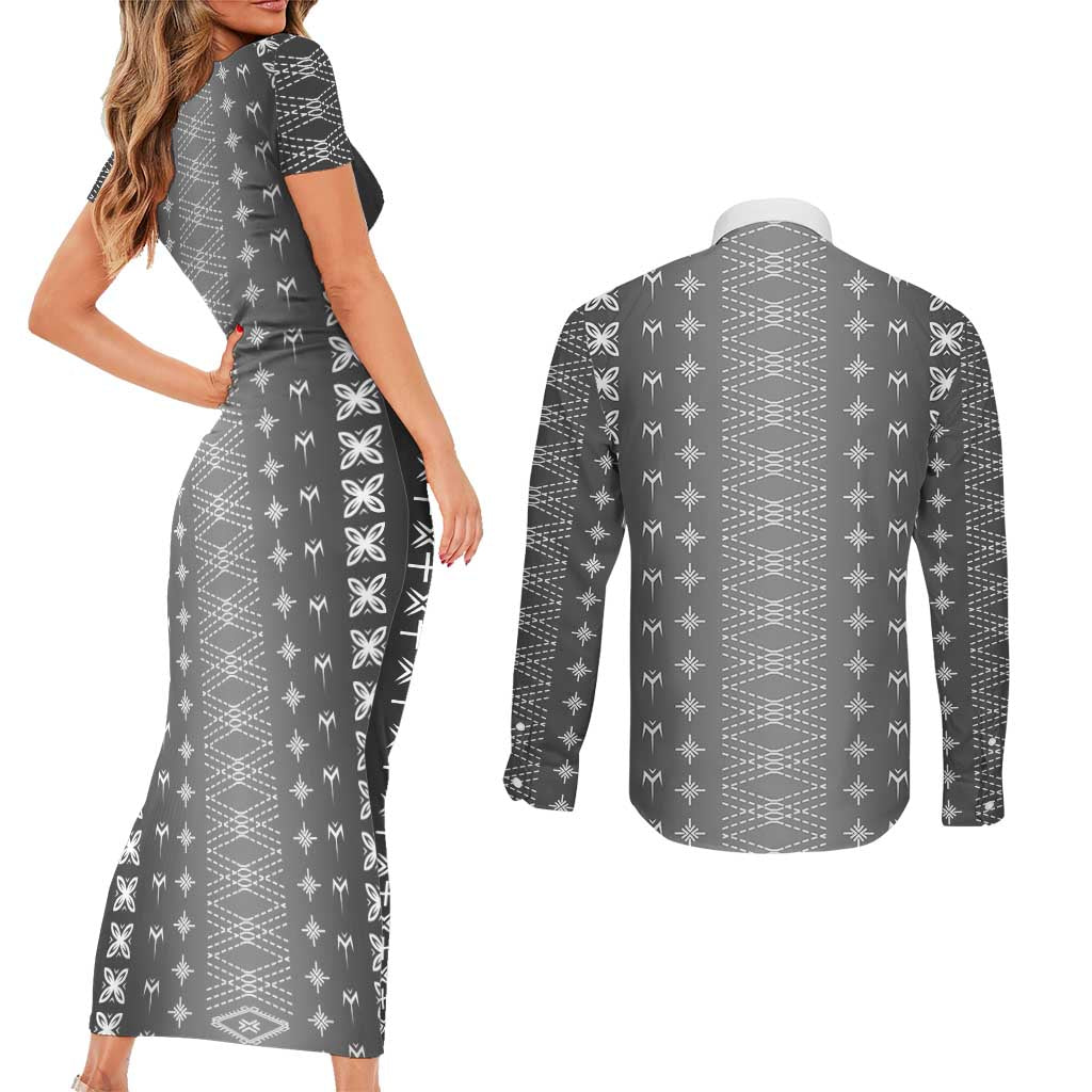 Black Samoa Malu Tattoo Inspired Couples Matching Short Sleeve Bodycon Dress and Long Sleeve Button Shirt - Polynesian Pride