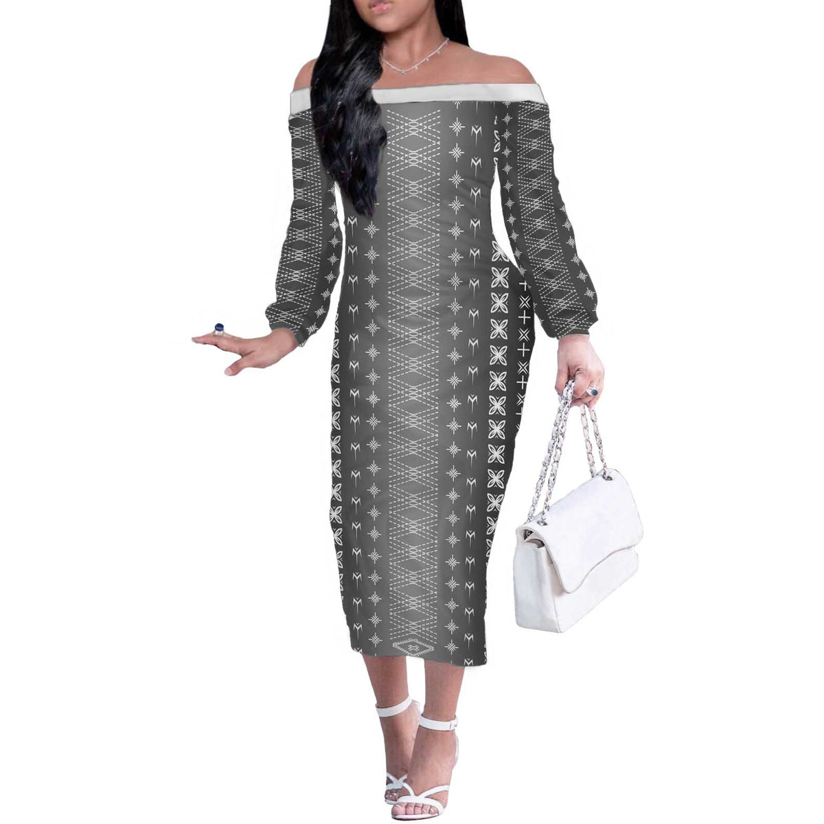 Black Samoa Malu Tattoo Inspired Off The Shoulder Long Sleeve Dress - Polynesian Pride