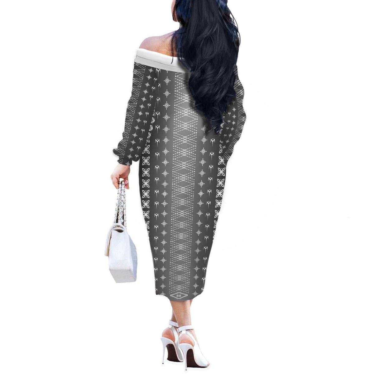 Black Samoa Malu Tattoo Inspired Off The Shoulder Long Sleeve Dress - Polynesian Pride