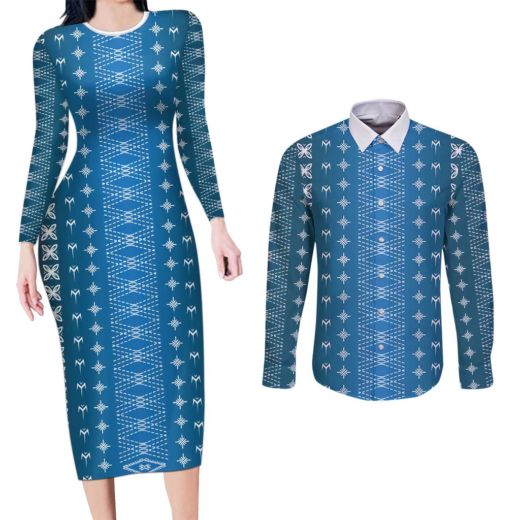 Blue Samoa Malu Tattoo Inspired Couples Matching Long Sleeve Bodycon Dress and Long Sleeve Button Shirt LT05 Blue - Polynesian Pride