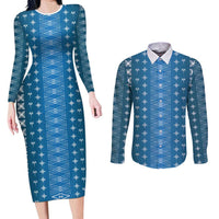 Blue Samoa Malu Tattoo Inspired Couples Matching Long Sleeve Bodycon Dress and Long Sleeve Button Shirt LT05 Blue - Polynesian Pride