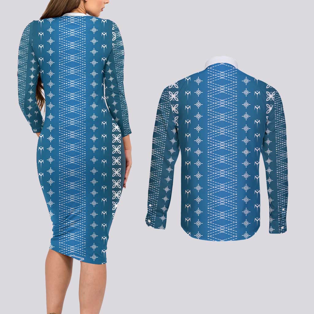 Blue Samoa Malu Tattoo Inspired Couples Matching Long Sleeve Bodycon Dress and Long Sleeve Button Shirt LT05 - Polynesian Pride