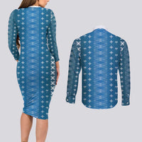 Blue Samoa Malu Tattoo Inspired Couples Matching Long Sleeve Bodycon Dress and Long Sleeve Button Shirt LT05 - Polynesian Pride