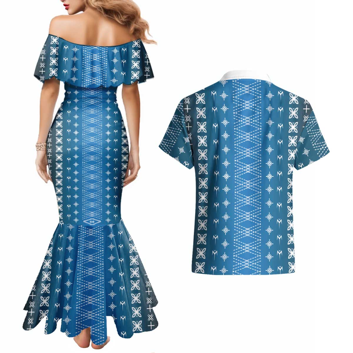 Blue Samoa Malu Tattoo Inspired Couples Matching Mermaid Dress and Hawaiian Shirt LT05 - Polynesian Pride
