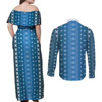 Blue Samoa Malu Tattoo Inspired Couples Matching Off Shoulder Maxi Dress and Long Sleeve Button Shirt - Polynesian Pride