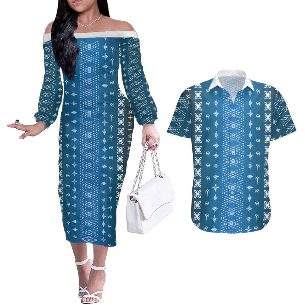 Blue Samoa Malu Tattoo Inspired Couples Matching Off The Shoulder Long Sleeve Dress and Hawaiian Shirt - Polynesian Pride