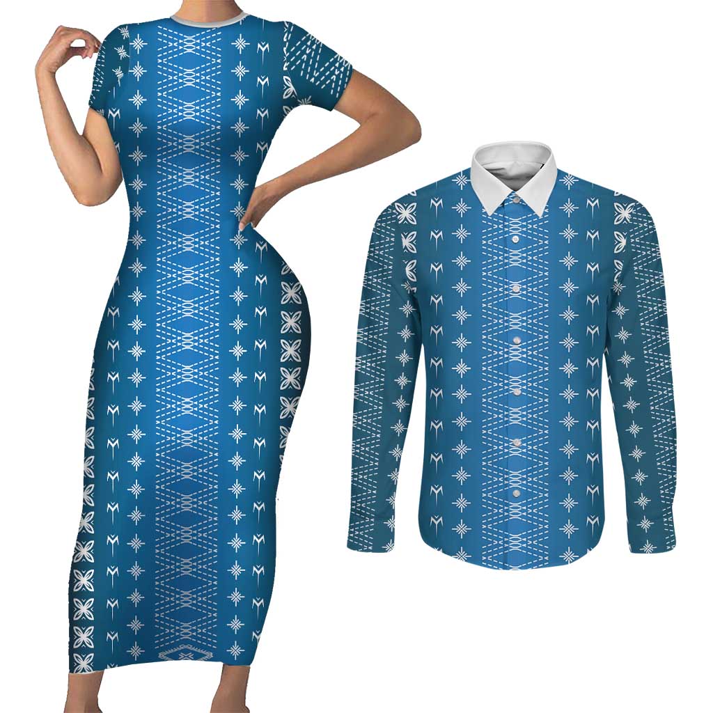 Blue Samoa Malu Tattoo Inspired Couples Matching Short Sleeve Bodycon Dress and Long Sleeve Button Shirt - Polynesian Pride