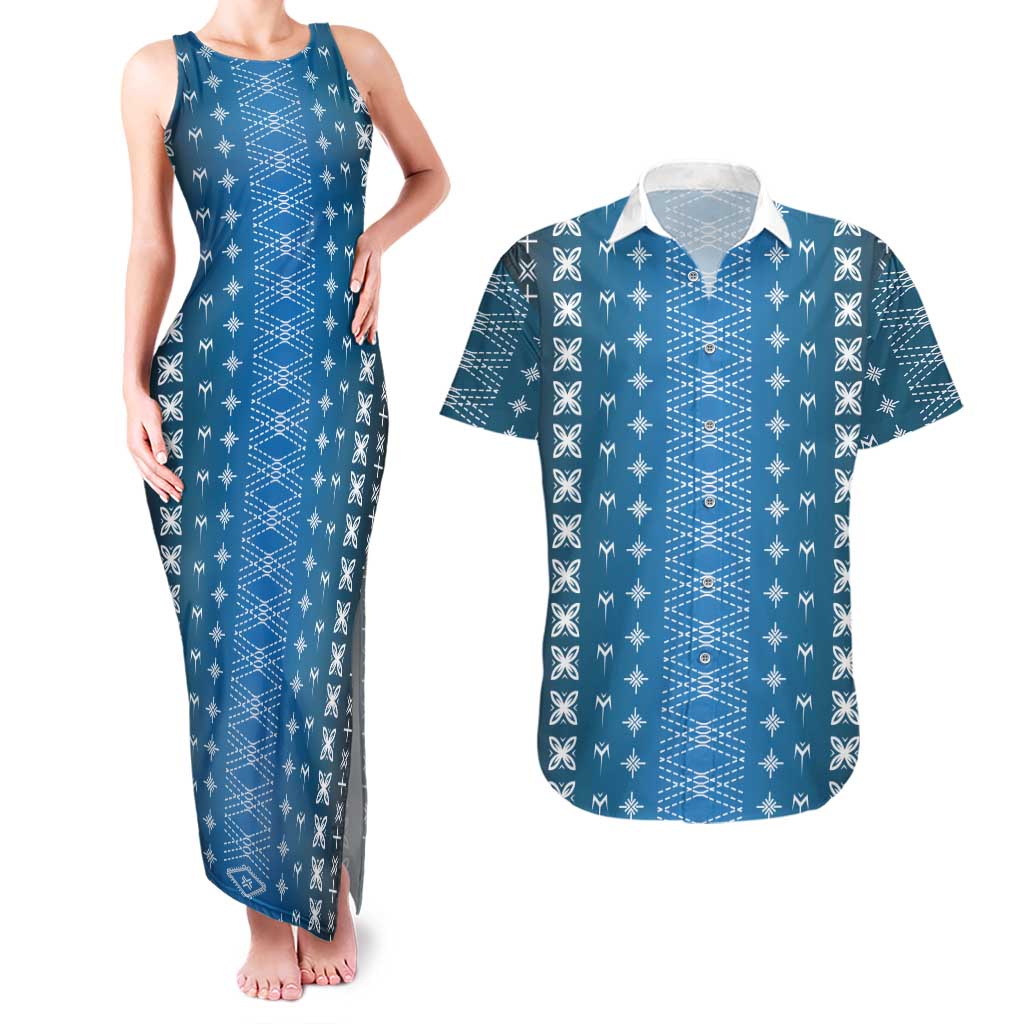 Blue Samoa Malu Tattoo Inspired Couples Matching Tank Maxi Dress and Hawaiian Shirt - Polynesian Pride