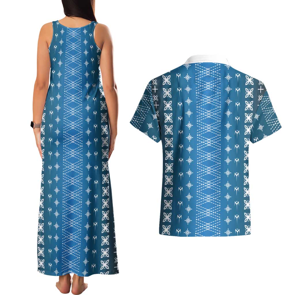 Blue Samoa Malu Tattoo Inspired Couples Matching Tank Maxi Dress and Hawaiian Shirt - Polynesian Pride