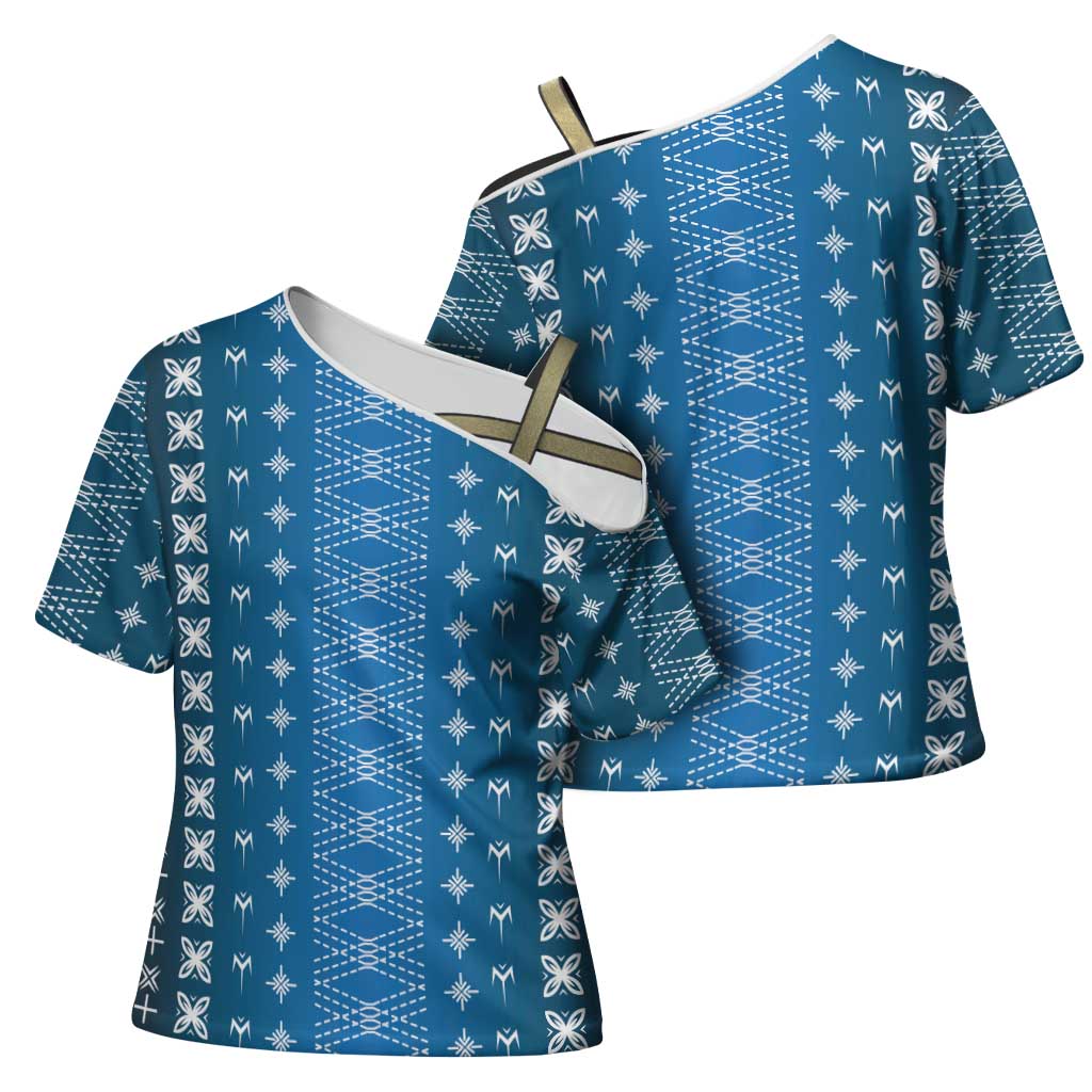 Blue Samoa Malu Tattoo Inspired Cross Shoulder Shirt - Polynesian Pride