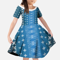 Blue Samoa Malu Tattoo Inspired Family Matching Long Sleeve Bodycon Dress and Hawaiian Shirt LT05 Daughter's Dress Blue - Polynesian Pride