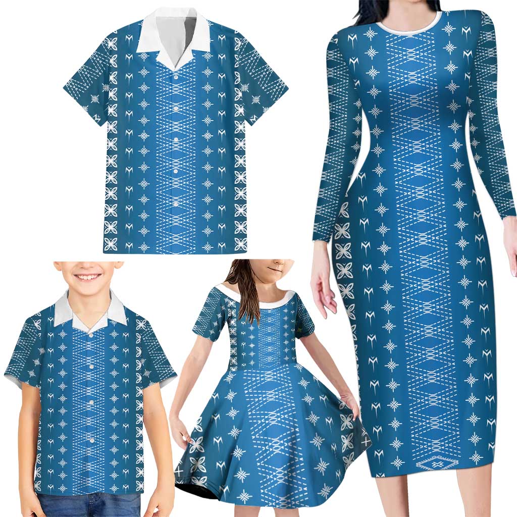 Blue Samoa Malu Tattoo Inspired Family Matching Long Sleeve Bodycon Dress and Hawaiian Shirt LT05 - Polynesian Pride