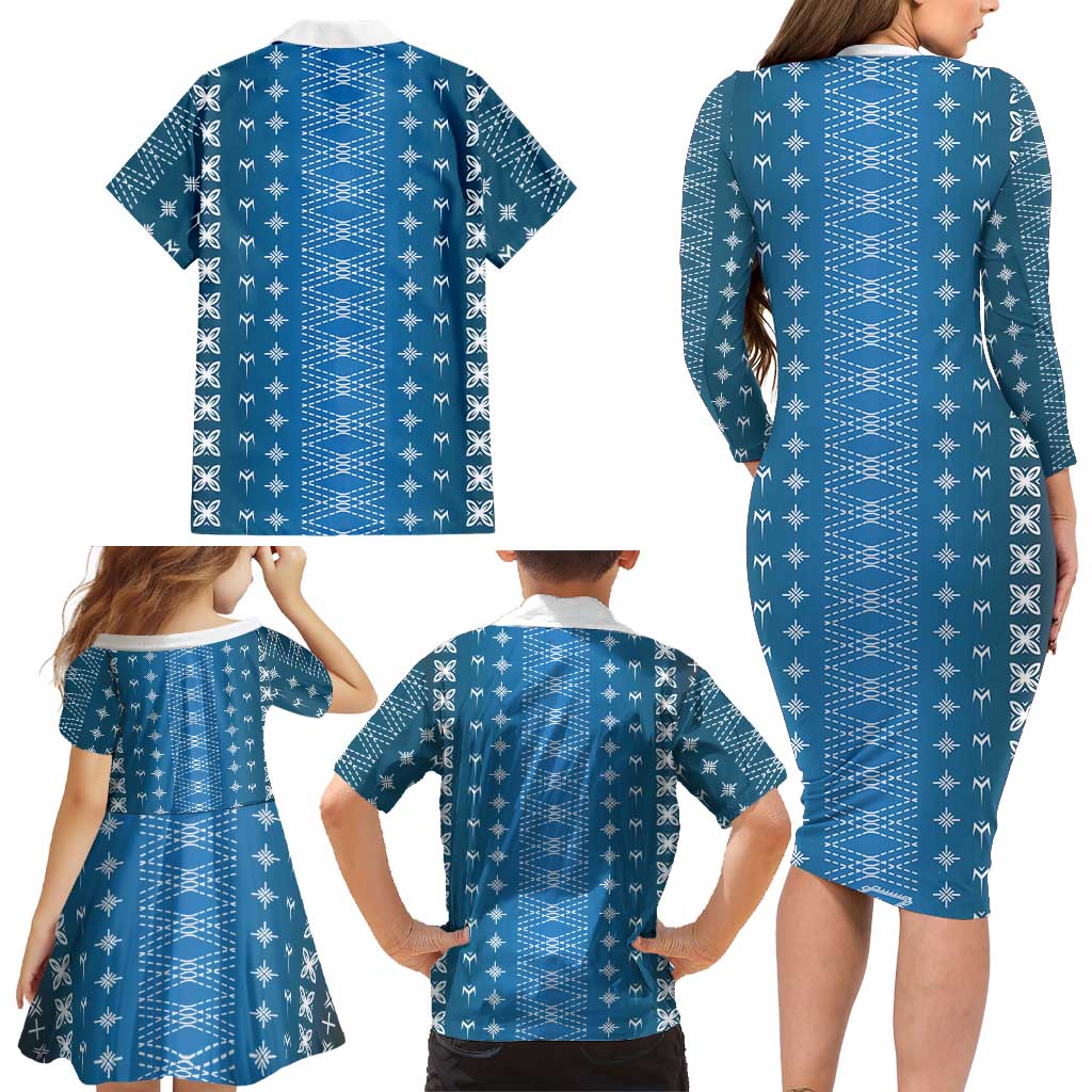 Blue Samoa Malu Tattoo Inspired Family Matching Long Sleeve Bodycon Dress and Hawaiian Shirt LT05 - Polynesian Pride