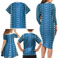Blue Samoa Malu Tattoo Inspired Family Matching Long Sleeve Bodycon Dress and Hawaiian Shirt LT05 - Polynesian Pride