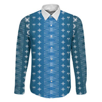 Blue Samoa Malu Tattoo Inspired Family Matching Long Sleeve Bodycon Dress and Hawaiian Shirt LT05 Dad's Shirt - Long Sleeve Blue - Polynesian Pride