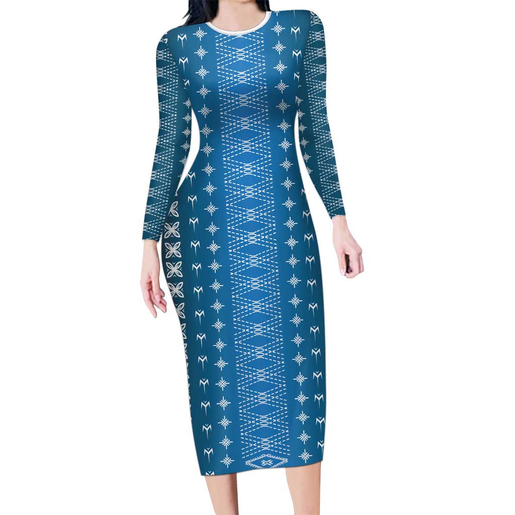 Blue Samoa Malu Tattoo Inspired Family Matching Long Sleeve Bodycon Dress and Hawaiian Shirt LT05 Mom's Dress Blue - Polynesian Pride