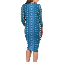 Blue Samoa Malu Tattoo Inspired Family Matching Long Sleeve Bodycon Dress and Hawaiian Shirt LT05 - Polynesian Pride