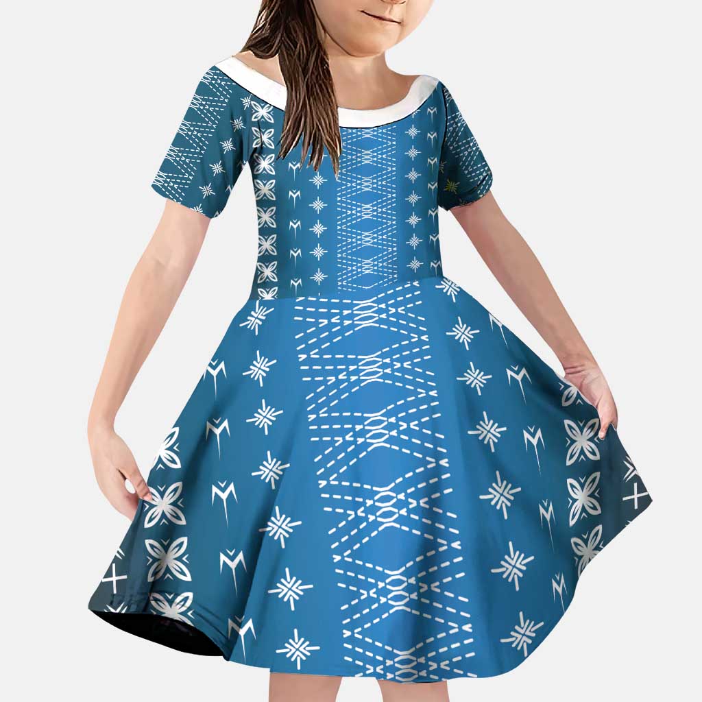 Blue Samoa Malu Tattoo Inspired Family Matching Off The Shoulder Long Sleeve Dress and Hawaiian Shirt LT05 Daughter's Dress Blue - Polynesian Pride