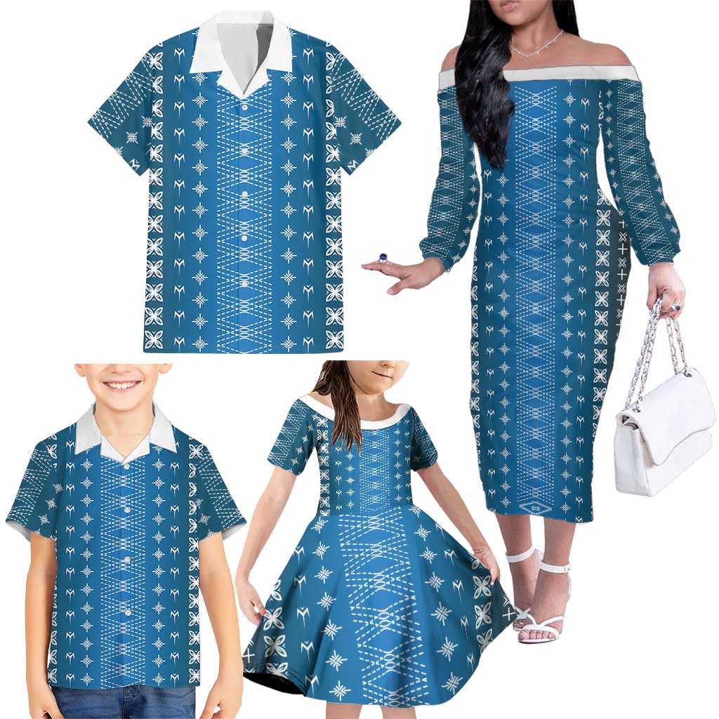 Blue Samoa Malu Tattoo Inspired Family Matching Off The Shoulder Long Sleeve Dress and Hawaiian Shirt LT05 - Polynesian Pride