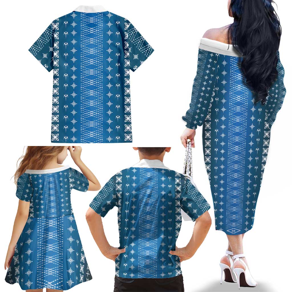 Blue Samoa Malu Tattoo Inspired Family Matching Off The Shoulder Long Sleeve Dress and Hawaiian Shirt LT05 - Polynesian Pride