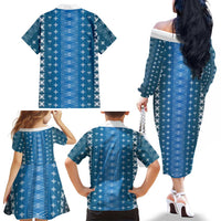 Blue Samoa Malu Tattoo Inspired Family Matching Off The Shoulder Long Sleeve Dress and Hawaiian Shirt LT05 - Polynesian Pride